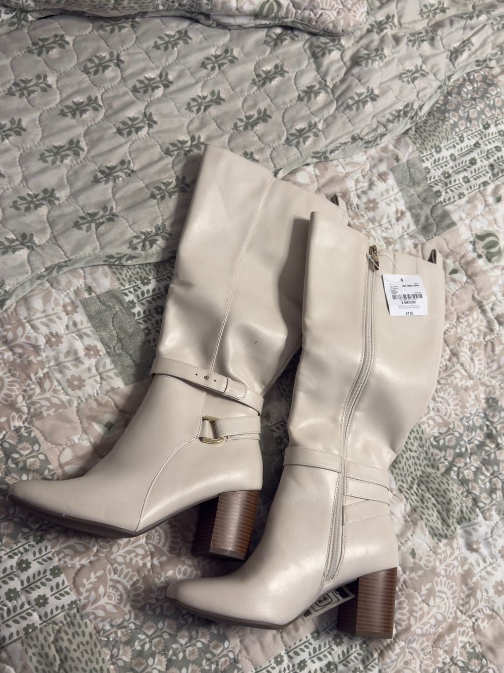 Cream Mid-Calf Block Heel Boots with Decorative Strap